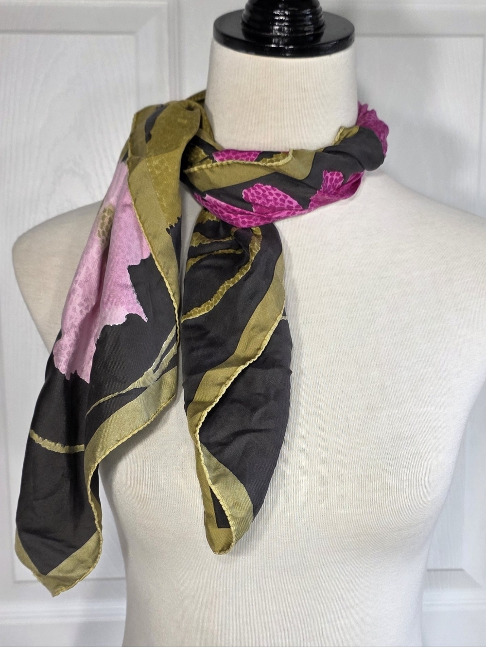 Longchamp Vintage Silk Scarf Floral Pink Blue Black Olive Scarf Women's  Scarf
